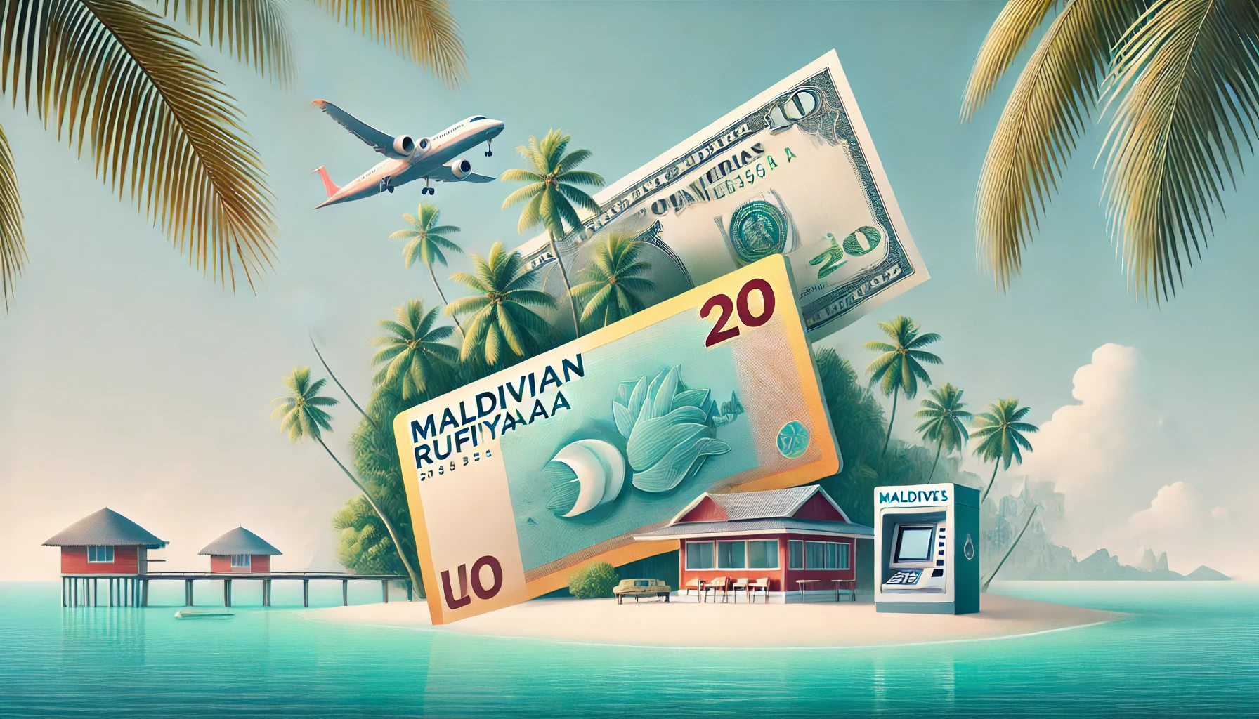 Cover image for a blog about Maldives currency, showing Maldivian Rufiyaa, US dollars, a tropical island, and an ATM with soft focus on the money and tropical elements.