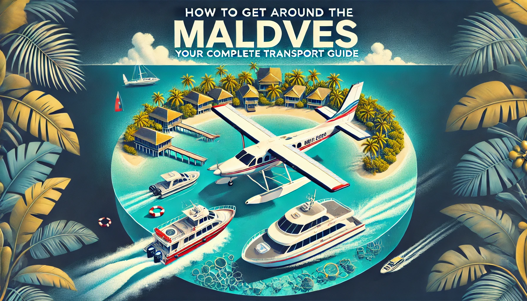 Cover image illustrating Maldives transportation options: a seaplane above turquoise waters, a speedboat cruising by tropical islands, and a public ferry docked near a local island, highlighting travel methods available to tourists.