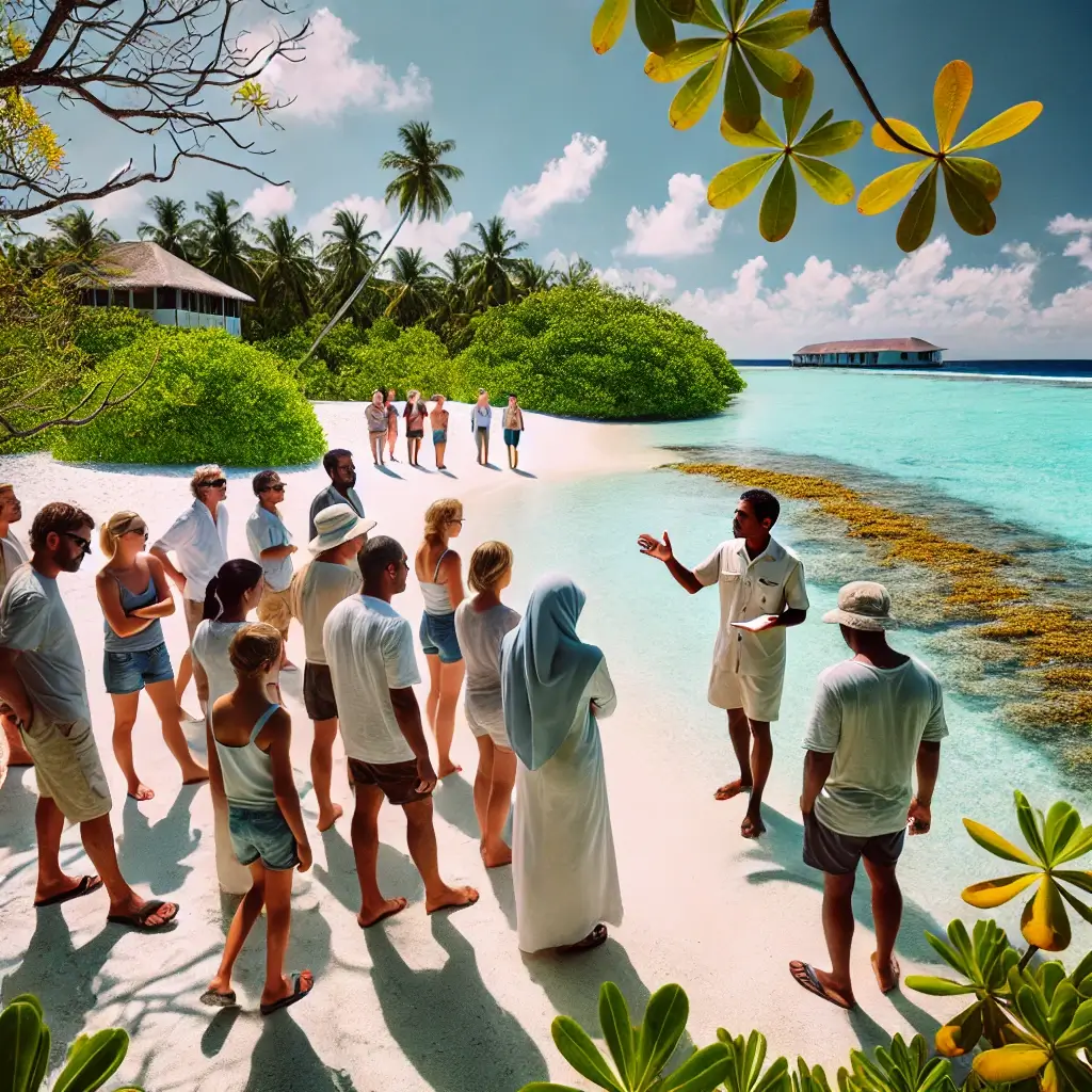 Tourists on an eco-tourism adventure on a pristine Maldives beach.