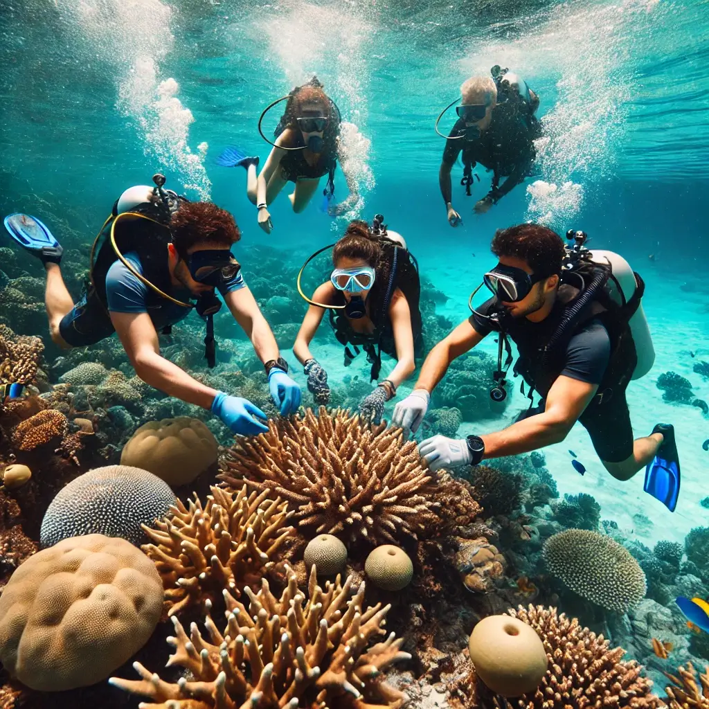 Scuba divers participating in coral reef restoration in the Maldives as part of eco-tourism.