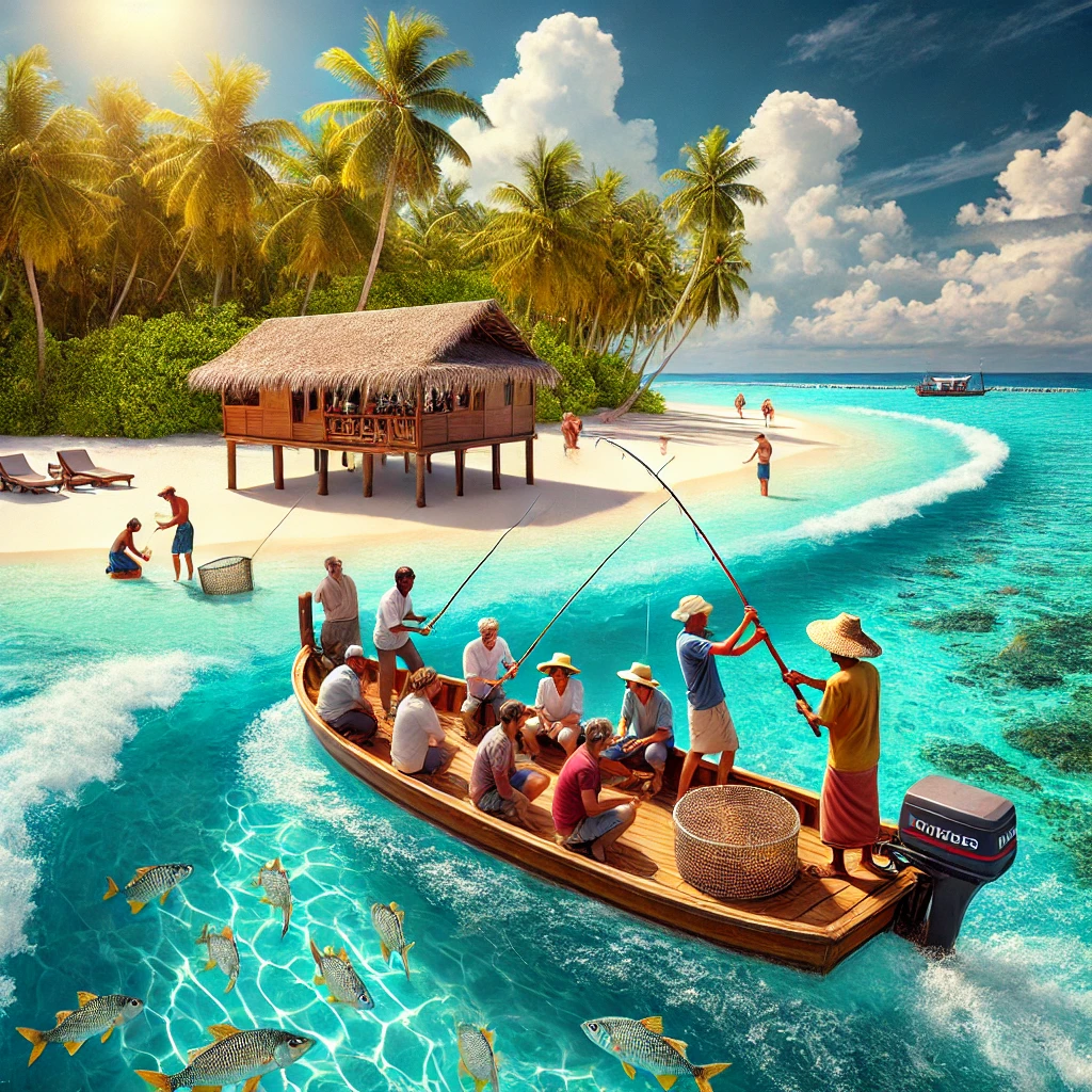 Group of tourists on a traditional Maldivian fishing boat learning how to fish near a tropical beach in the Maldives.