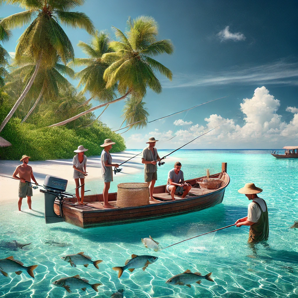 Tourists learning traditional fishing techniques from Maldivian fishermen on a wooden boat near a white sandy beach in the Maldives