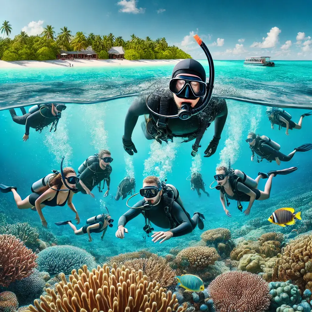 Divers and snorkelers exploring coral reefs in the Maldives.